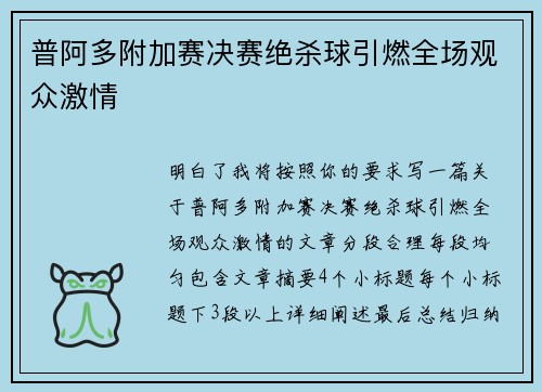 普阿多附加赛决赛绝杀球引燃全场观众激情