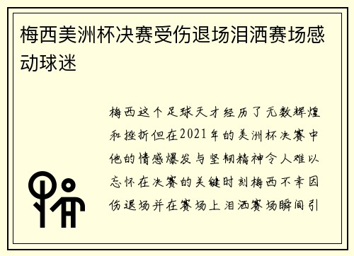 梅西美洲杯决赛受伤退场泪洒赛场感动球迷